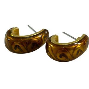 Half Hoop Earrings Brown Swirl Design Gold Tone Pierced Retro Style